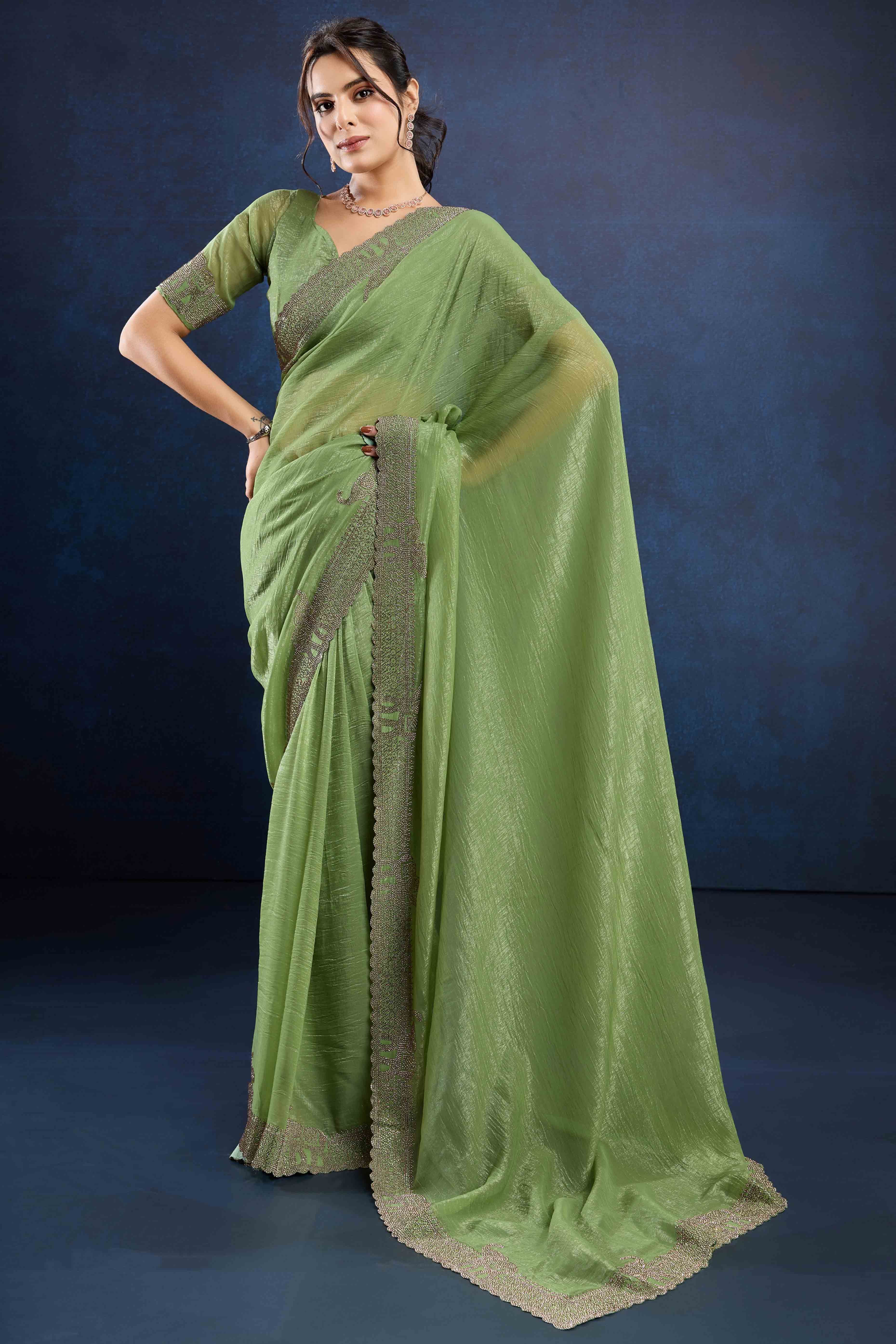 Green Zarkan Diamond Work Crunchy Silk Fancy Fabric Saree