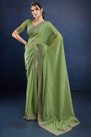 Green Zarkan Diamond Work Crunchy Silk Fancy Fabric Saree