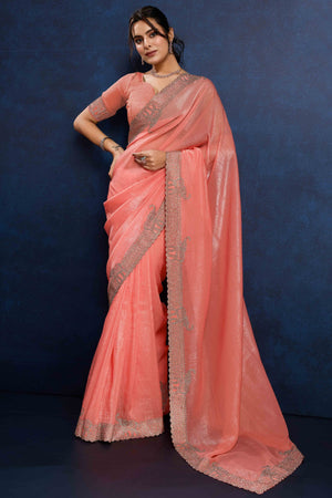 Peach Zarkan Diamond Work Crunchy Silk Fancy Fabric Saree