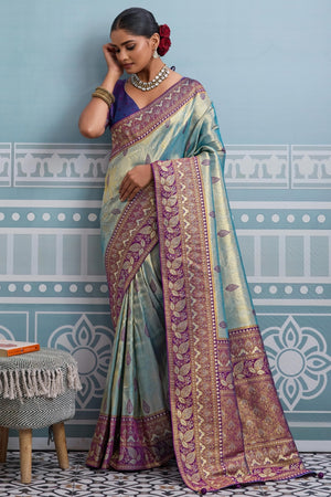 Sea Green Soft Kanjivaram Silk Saree with Elegant Zari Weaving