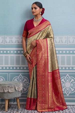Beige Zari Woven Soft Kanjivaram Silk Saree for Traditional and Special Occasions