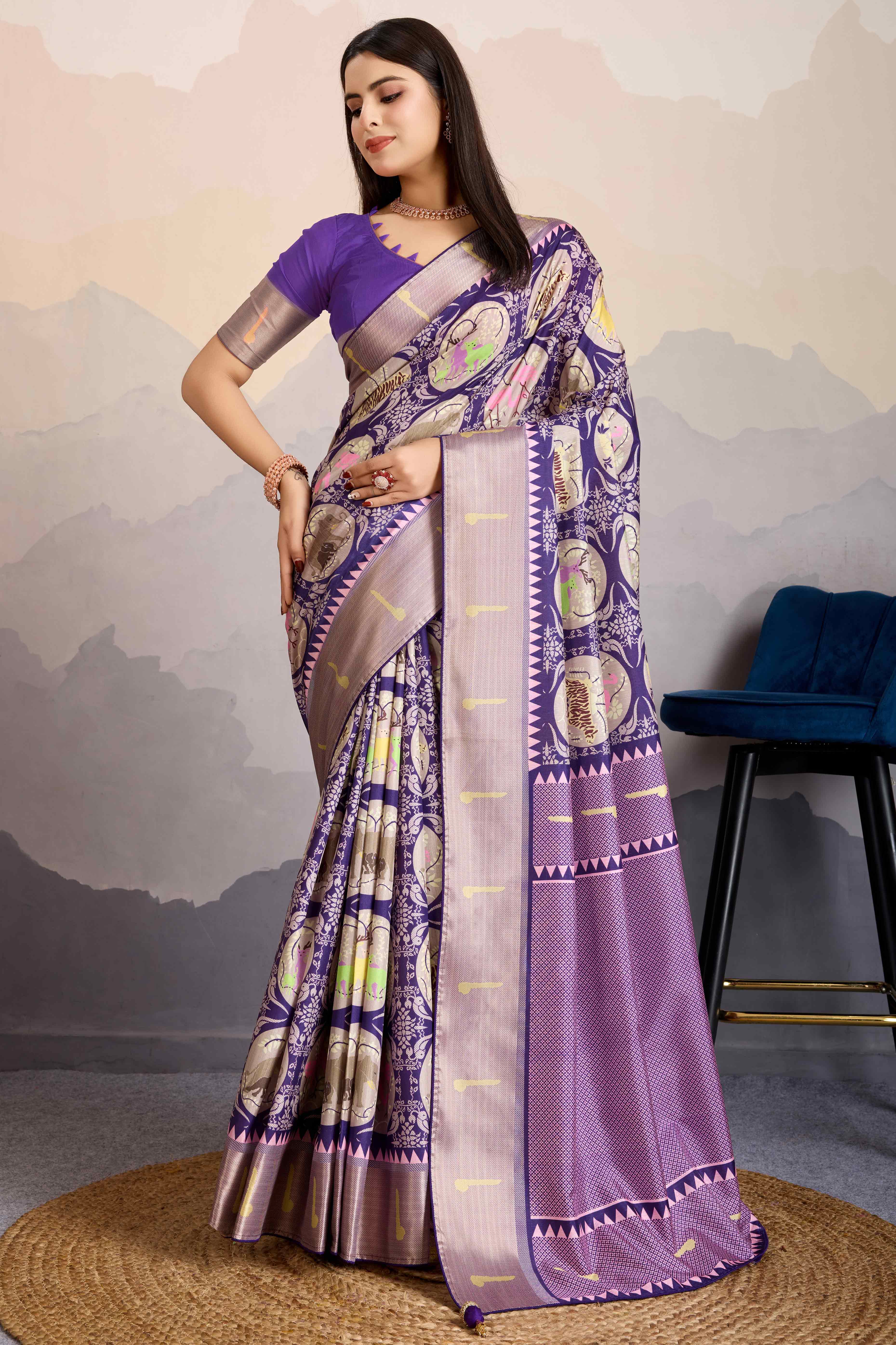 Purple Digital Printed Dola Silk Saree With Exquisite Weaving Zari Border & Opulent Pallu