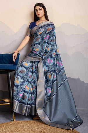 Blue Digital Printed Dola Silk Saree With Exquisite Weaving Zari Border & Opulent Pallu
