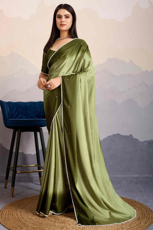 Green Ombre Satin Saree with Delicate Bead Embellishments