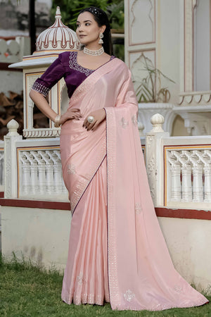 Pink Chinon Saree Adorned With Scattered Buttas & Intricate Beads & Zarkan Handwork