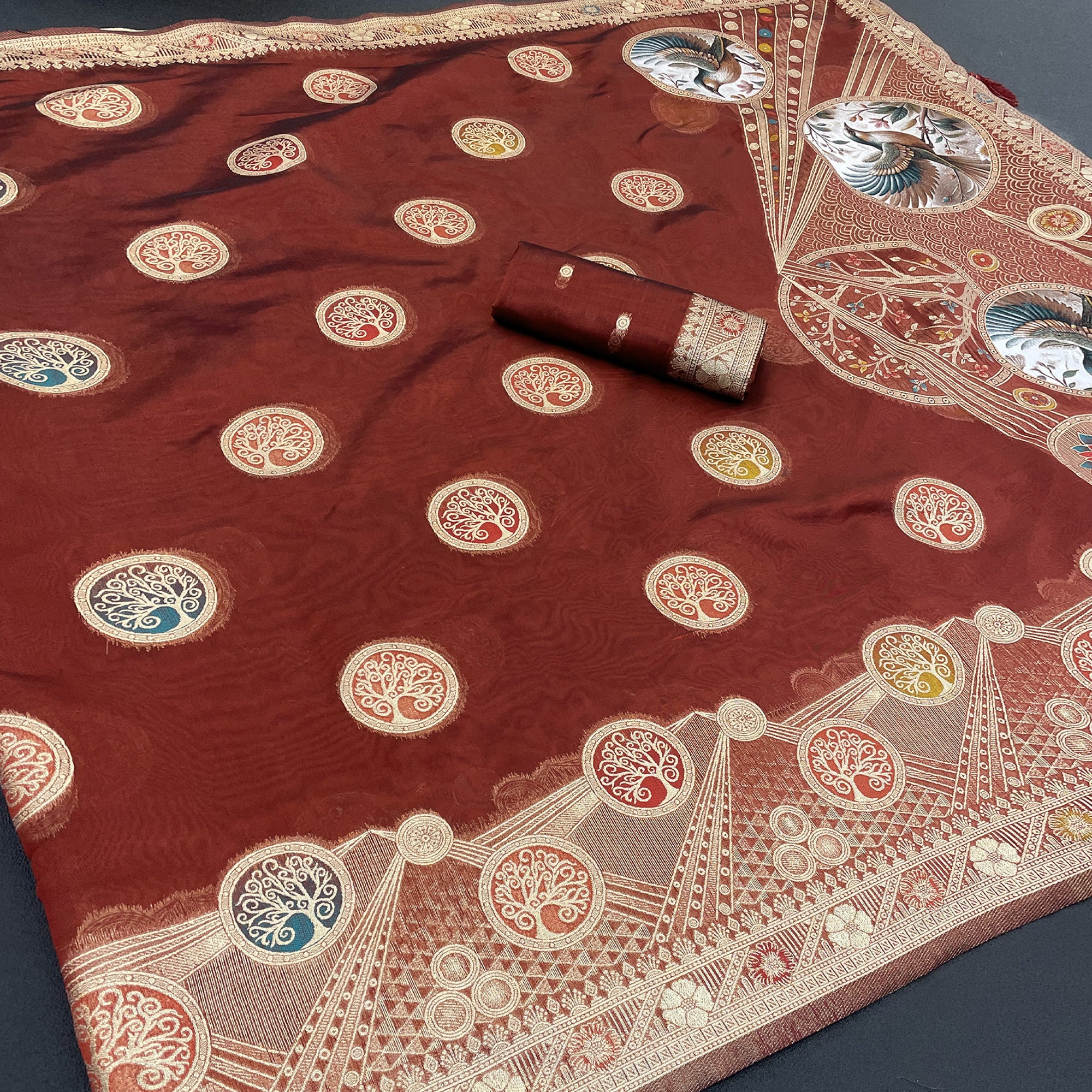 Charming Maroon Zari Woven Floral Organza Saree Accented With Digital Printed Pallu & Latkan