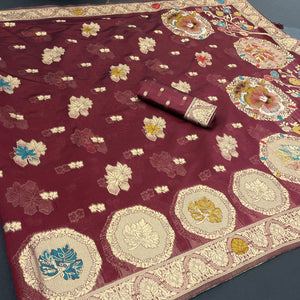 Charming Burgundy Zari Woven Floral Organza Saree Accented With Digital Printed Pallu & Latkan