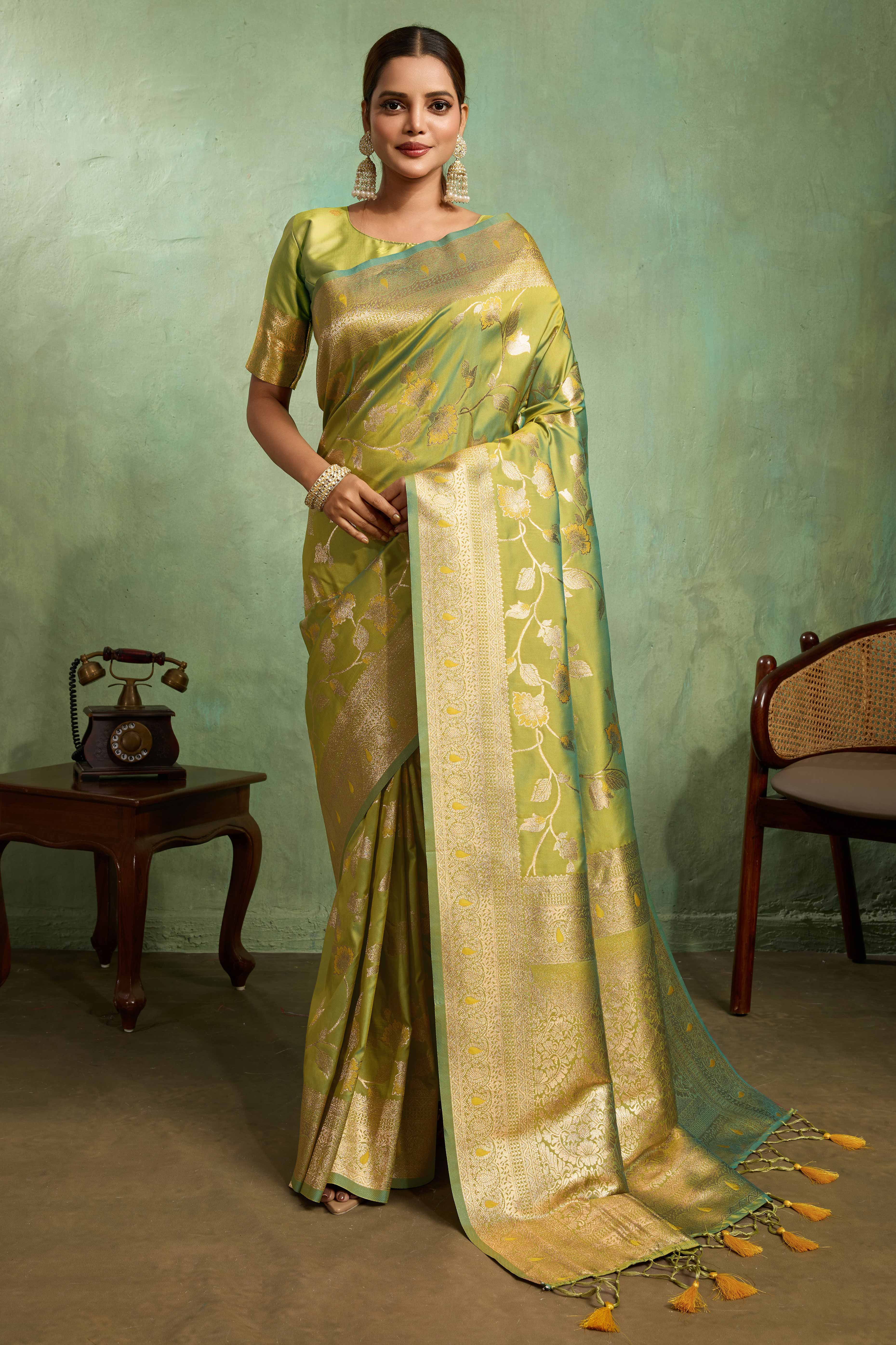 Green Dual Tone Banarasi Silk Saree Accented with Meenakari Weaves