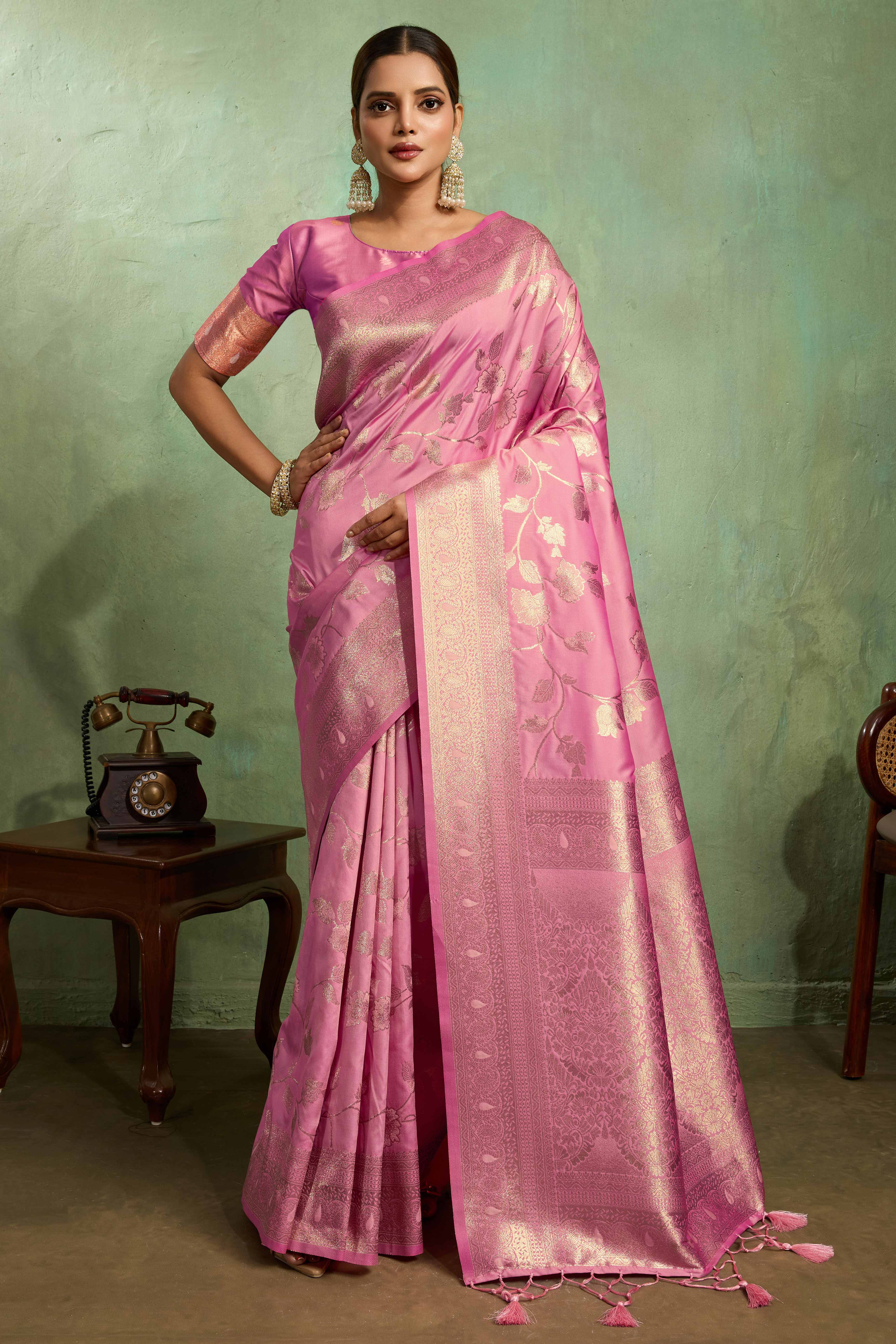 Pink Dual Tone Banarasi Silk Saree Accented with Meenakari Weaves