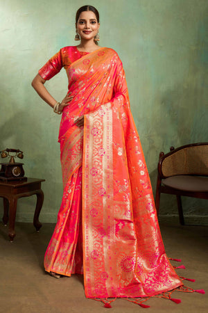 Coral Red Dual Tone Banarasi Silk Saree Accented with Meenakari Weaves