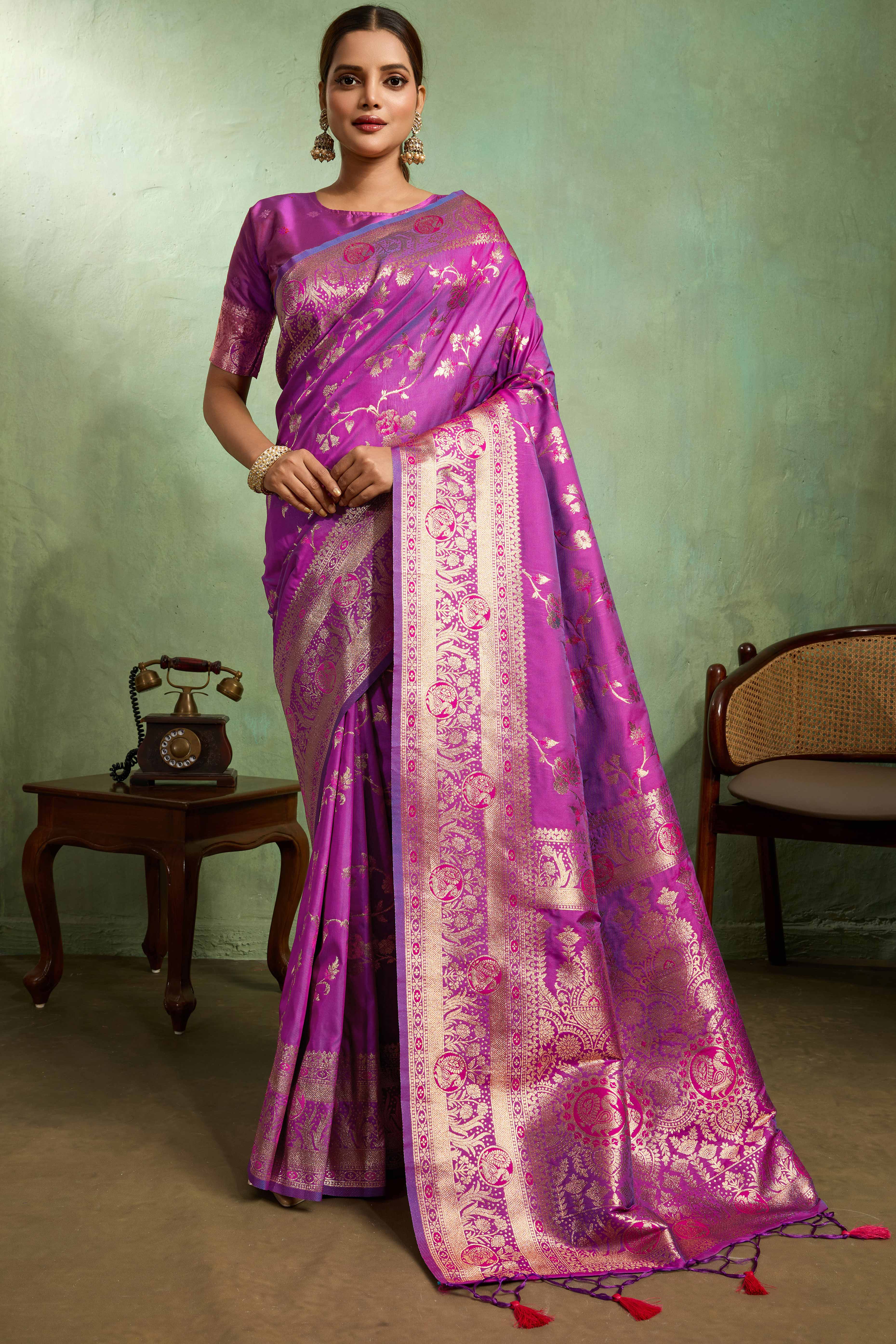Purple Dual Tone Banarasi Silk Saree Accented with Meenakari Weaves