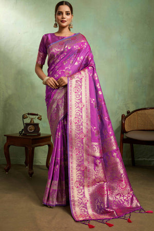 Purple Dual Tone Banarasi Silk Saree Accented with Meenakari Weaves