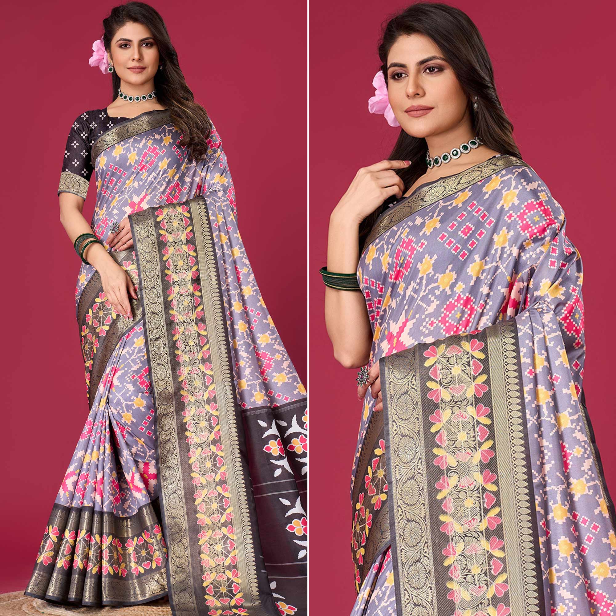 Grey & Black Digital Patola Printed With Woven Border Dola Silk Saree