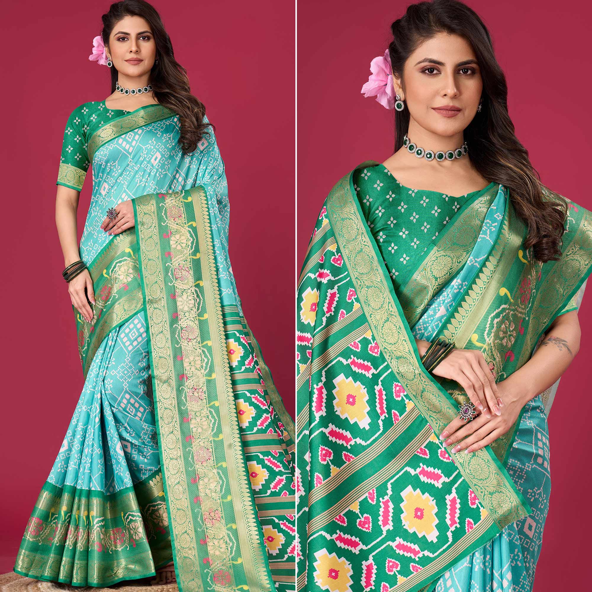 Turquoise & green Digital Patola Printed With Woven Border Dola Silk Saree