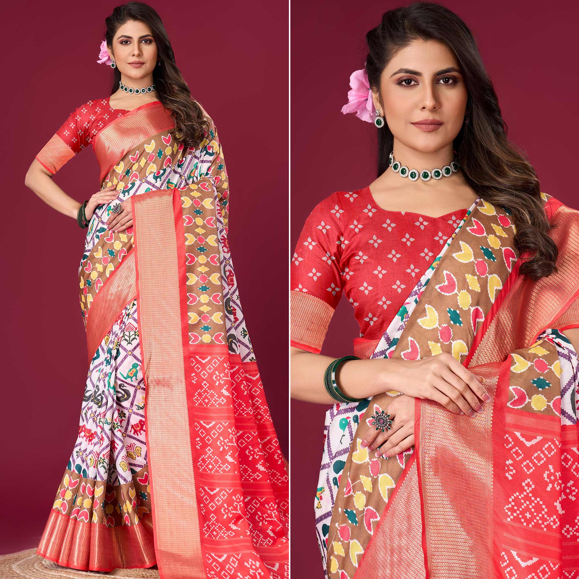 White & Red Digital Patola Printed With Woven Border Dola Silk Saree