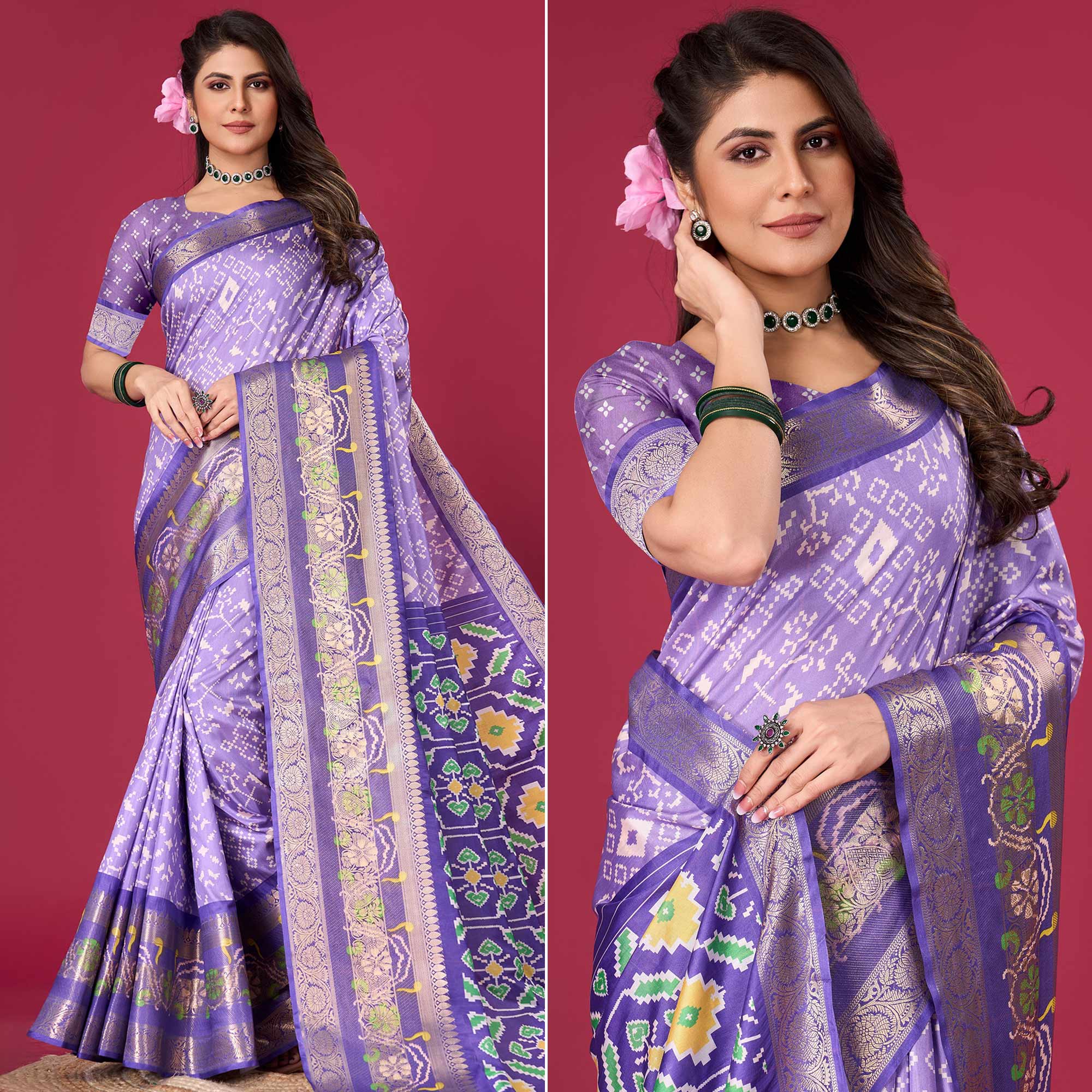 Lavender Digital Patola Printed With Woven Border Dola Silk Saree