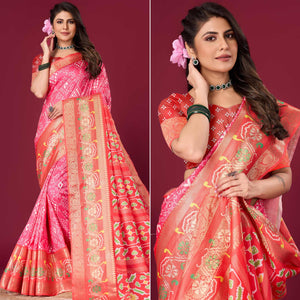 Pink & Red Digital Patola Printed With Woven Border Dola Silk Saree
