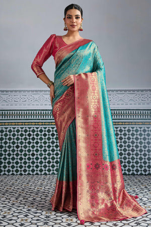 Turquoise Mul Silk Festive Kanjivaram Saree Showcasing Fine Zari Work and a Regal Finish