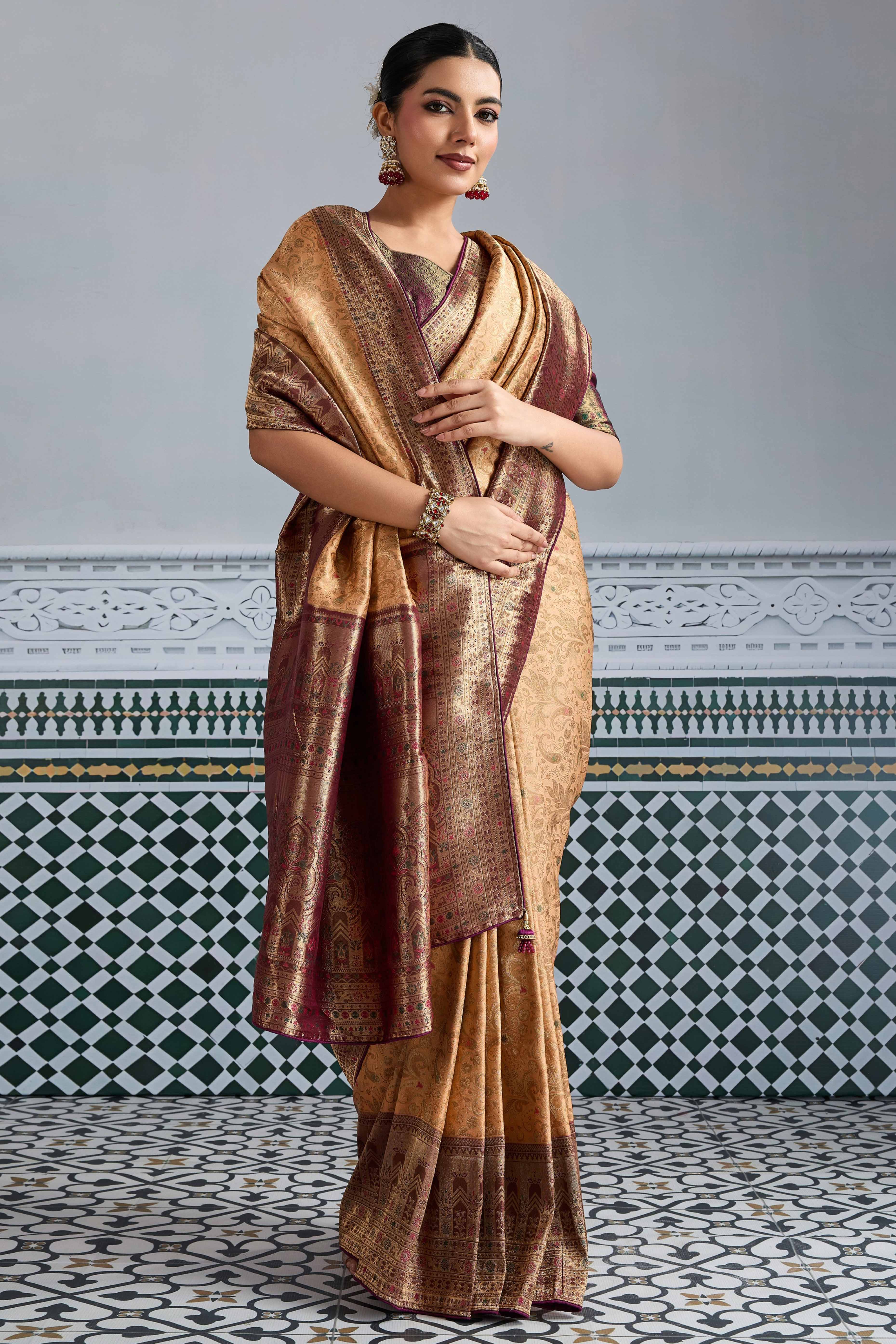 Peach Floral Meenakari Weaving Kanjivaram Silk Saree With Rich Piping & Tassel Pallu