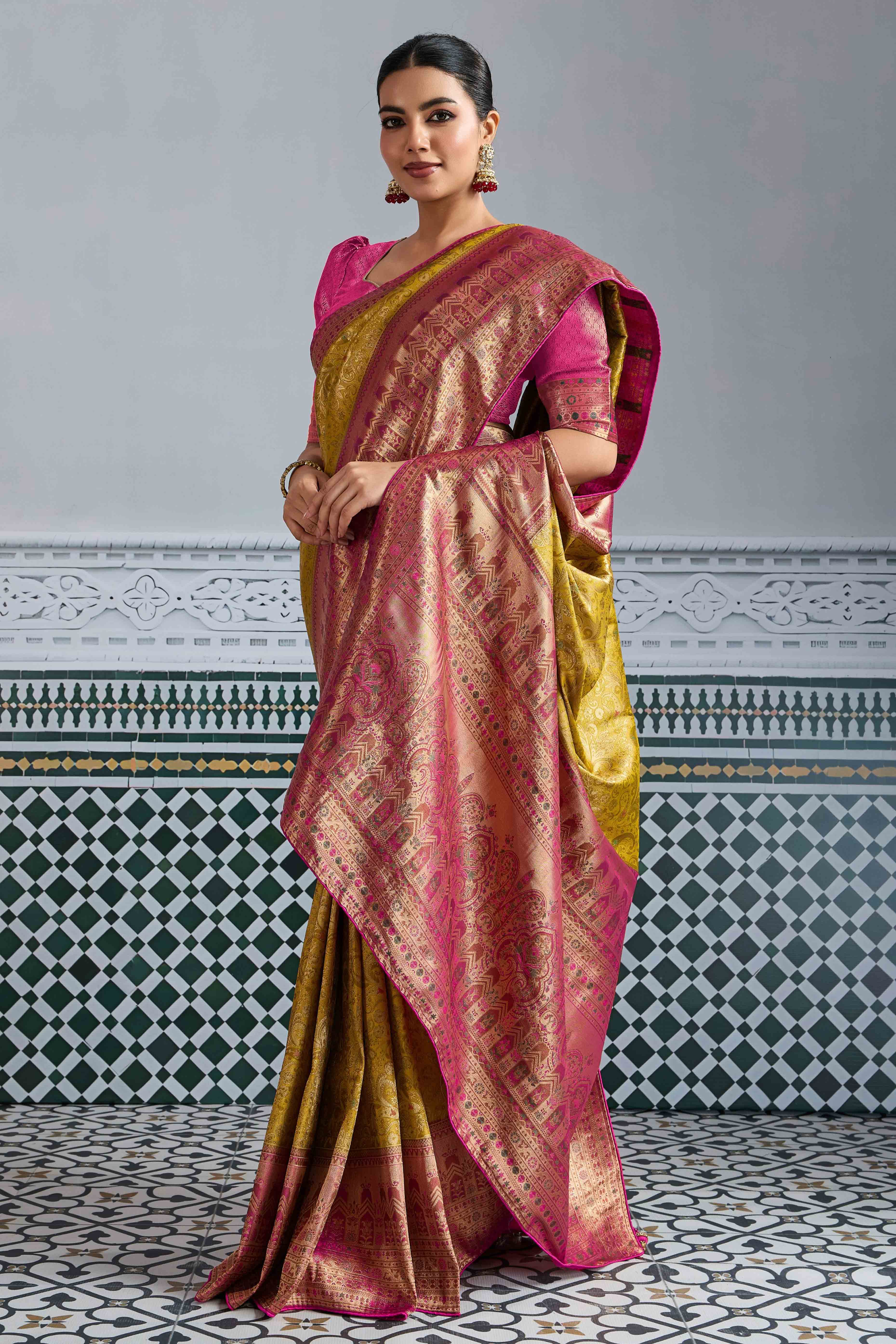 Mustard Floral Meenakari Weaving Kanjivaram Silk Saree With Rich Piping & Tassel Pallu