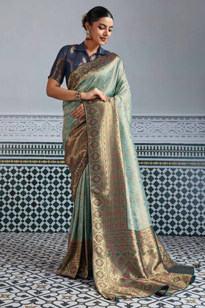 Sea Green Meenakari Woven Kanjivaram Silk Saree For Festive Elegance
