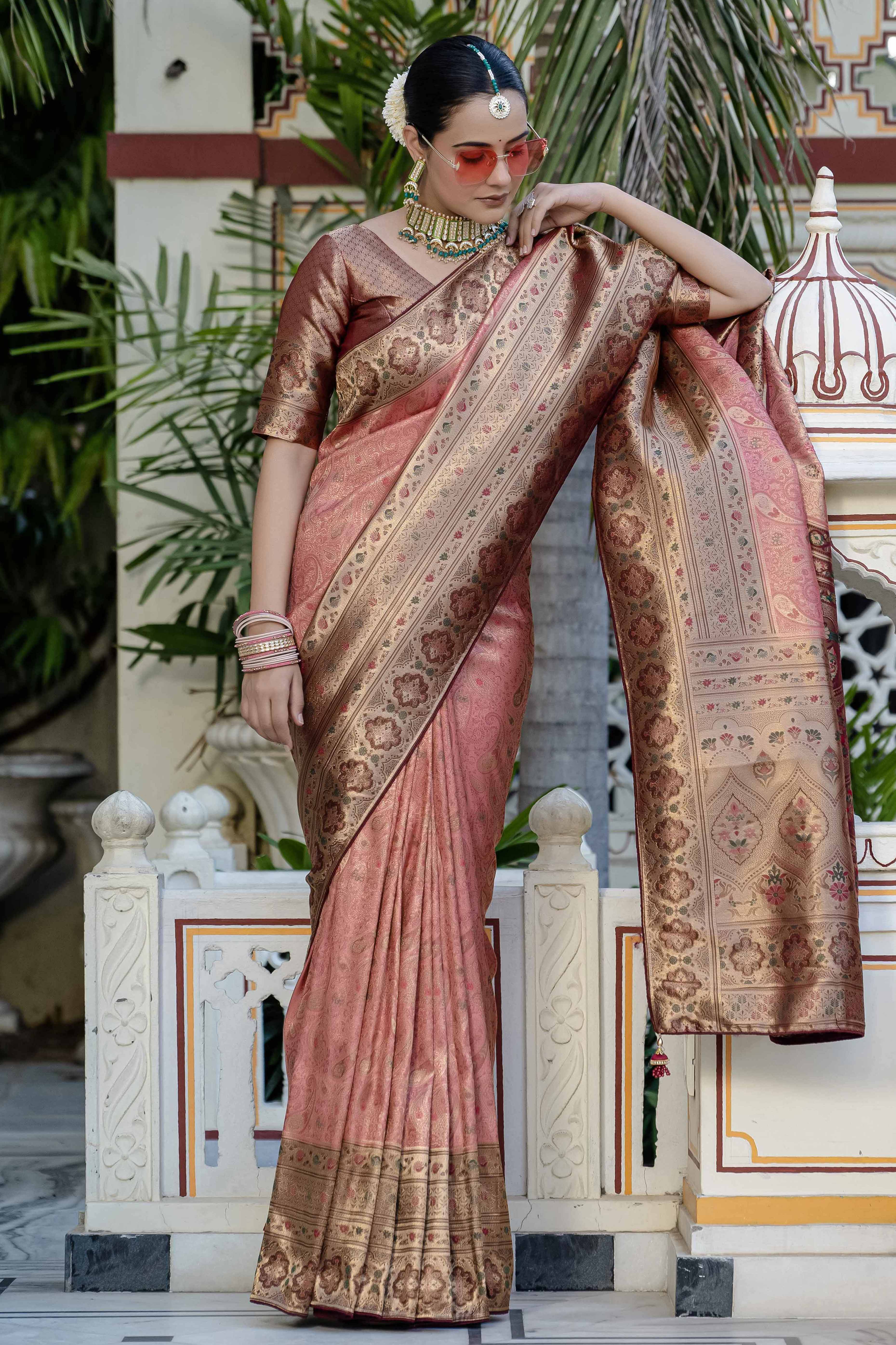 Gajari Pink Kanjivaram Silk Saree Showcasing Floral Meenakari Zari Weaving With Piping & Tassels