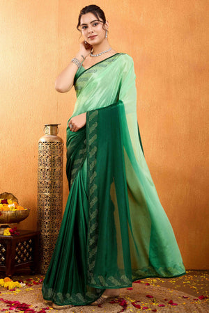 Green Dual Tone Swarovski Work Chinon Ombre Saree