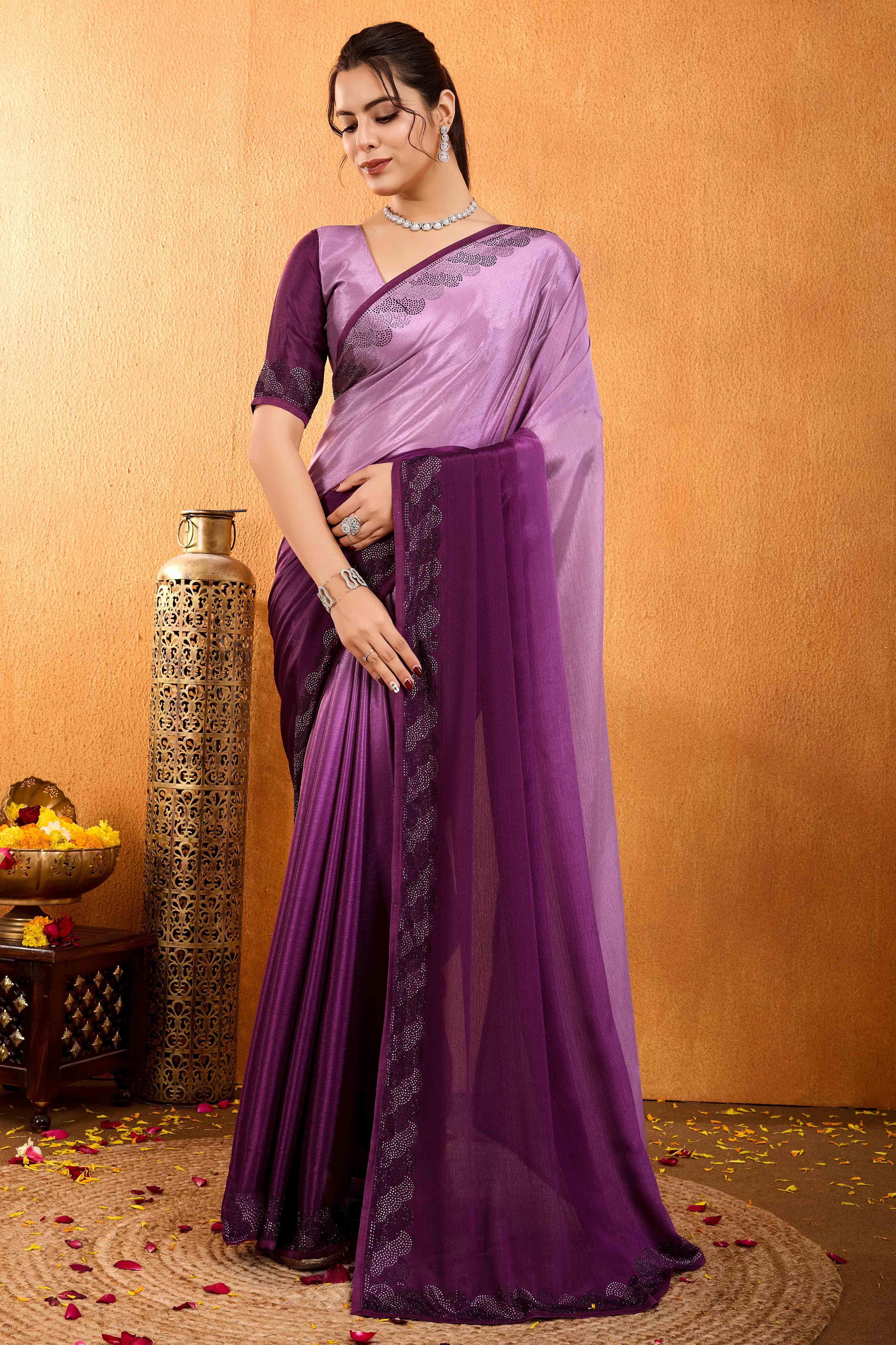 Wine Dual Tone Swarovski Work Chinon Ombre Saree