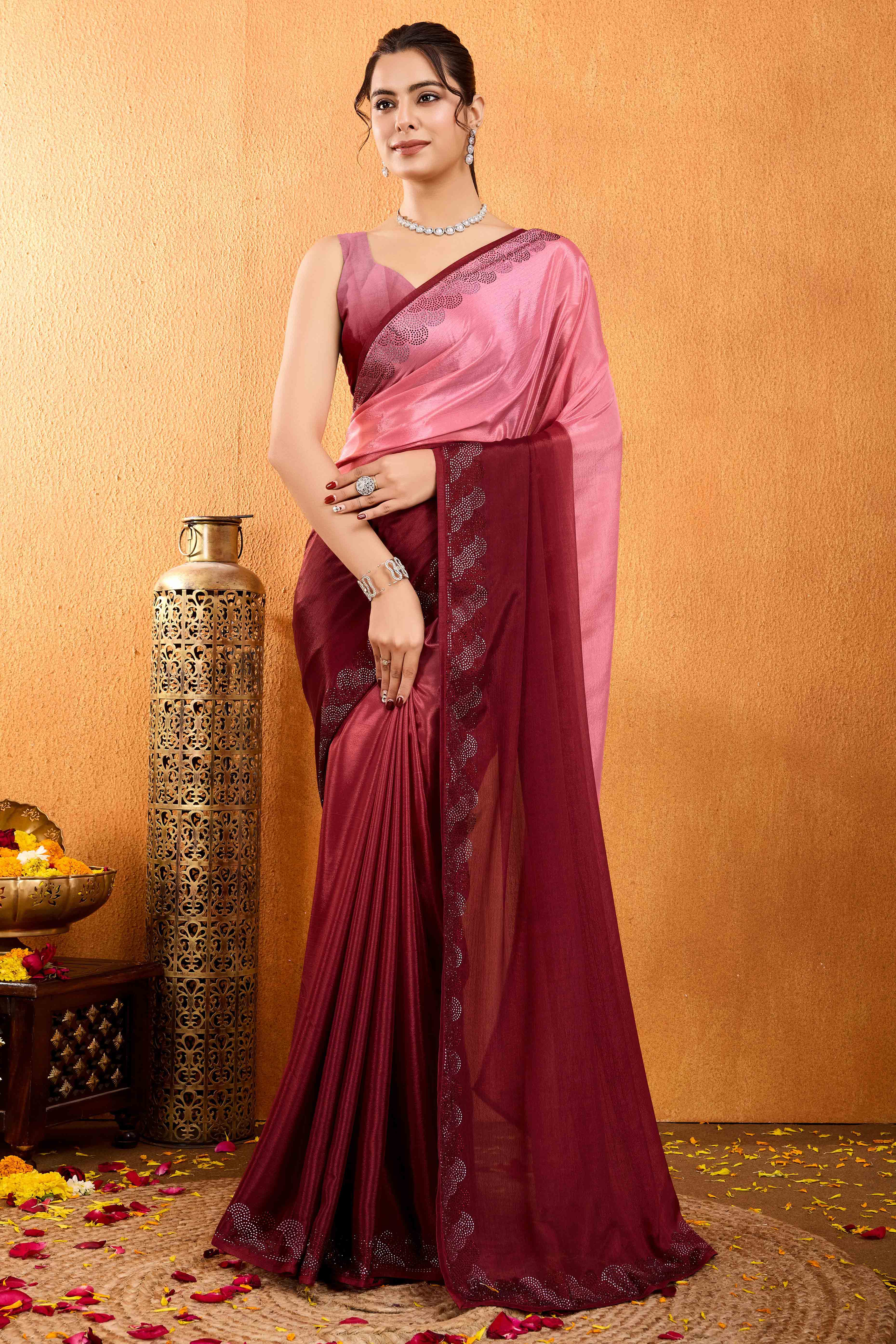 Maroon Dual Tone Swarovski Work Chinon Ombre Saree