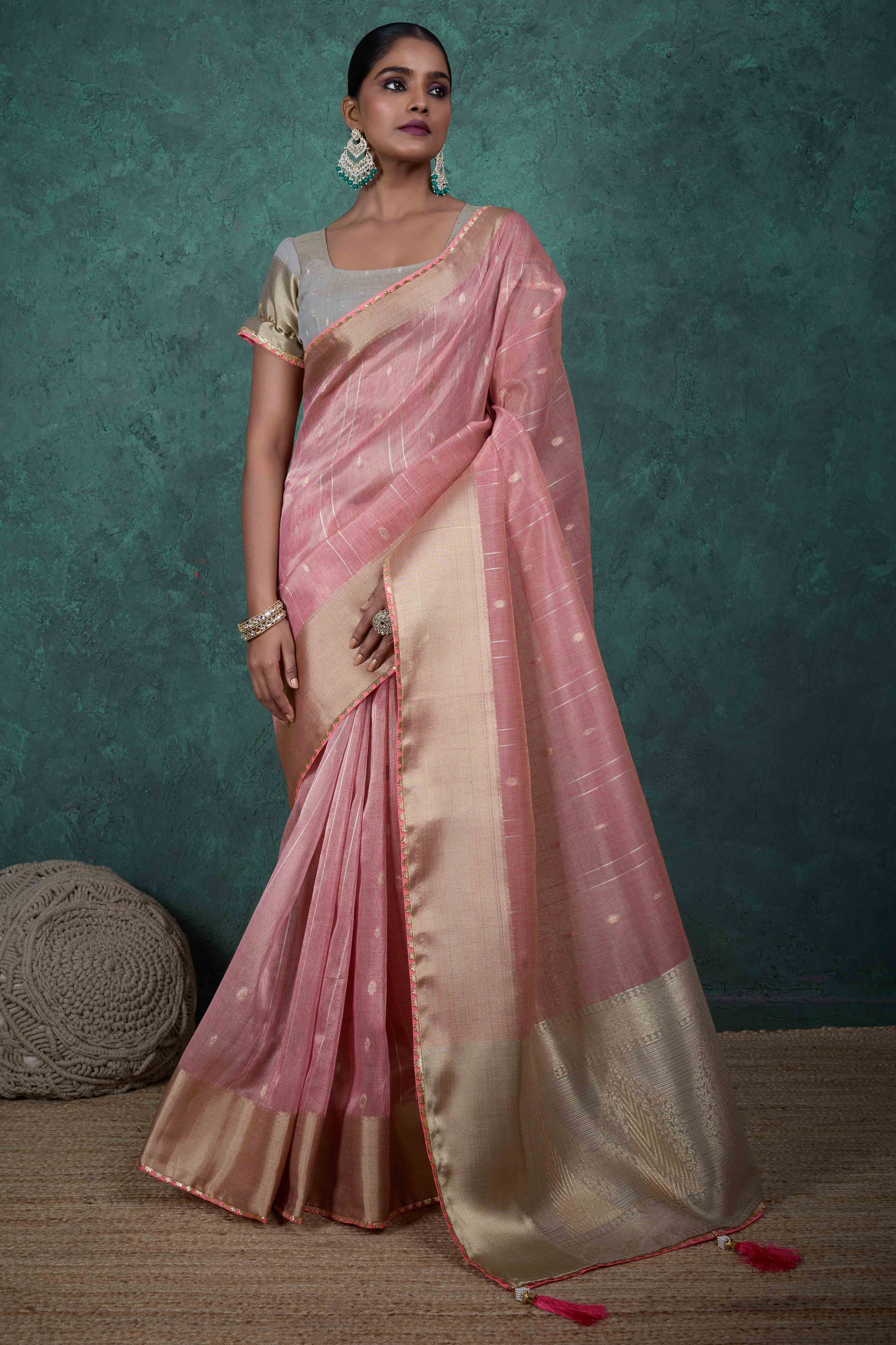 Baby Pink Ethnic Cotton Blend Saree with Shimmering Zari Butti Weaves