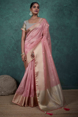 Baby Pink Ethnic Cotton Blend Saree with Shimmering Zari Butti Weaves