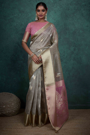 Taupe Grey Ethnic Cotton Blend Saree with Shimmering Zari Butti Weaves