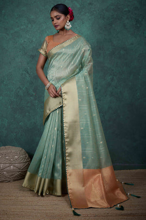 Sea Green Ethnic Cotton Blend Saree with Shimmering Zari Butti Weaves