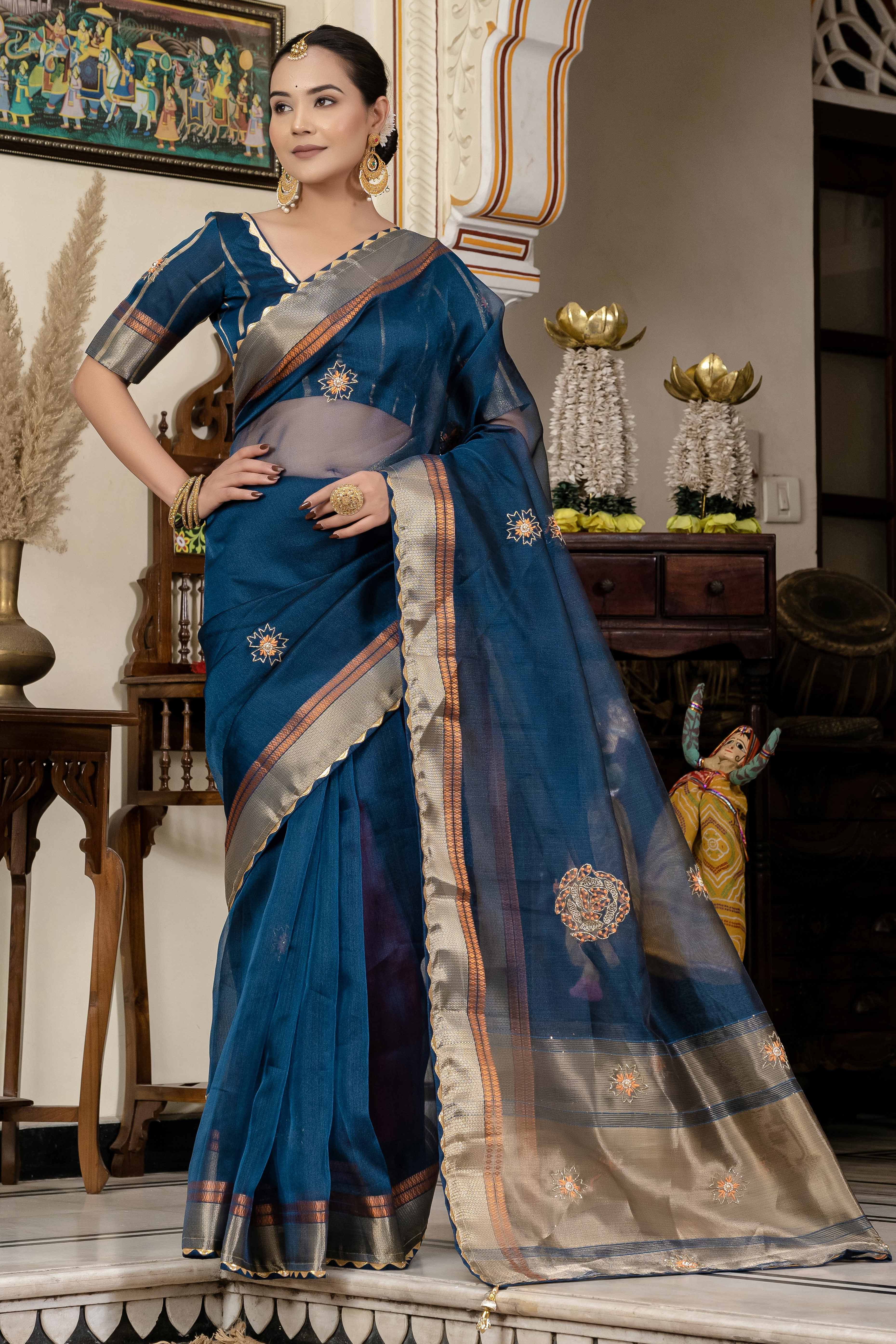 Blue Floral Beads & Cutdana Handwork Kota Linen Saree With Zari Woven Pallu