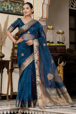 Blue Floral Beads & Cutdana Handwork Kota Linen Saree With Zari Woven Pallu