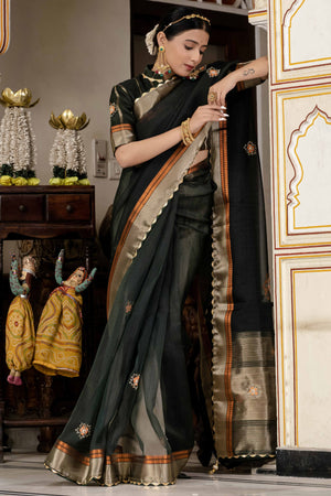 Bottle Green Floral Beads & Cutdana Handwork Kota Linen Saree With Zari Woven Pallu