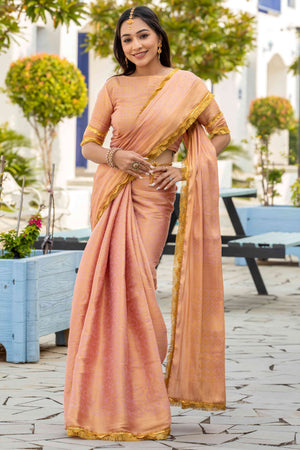 Peach Zari Weaving Mysore Brocade Silk Saree With Zari Border