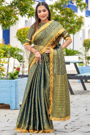 Teal Zari Weaving Mysore Brocade Silk Saree With Zari Border