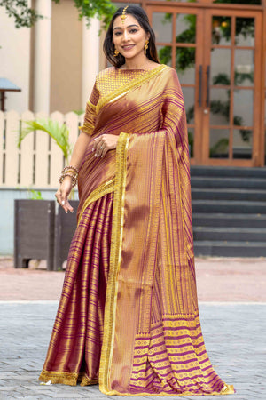 Wine Zari Weaving Mysore Brocade Silk Saree With Zari Border