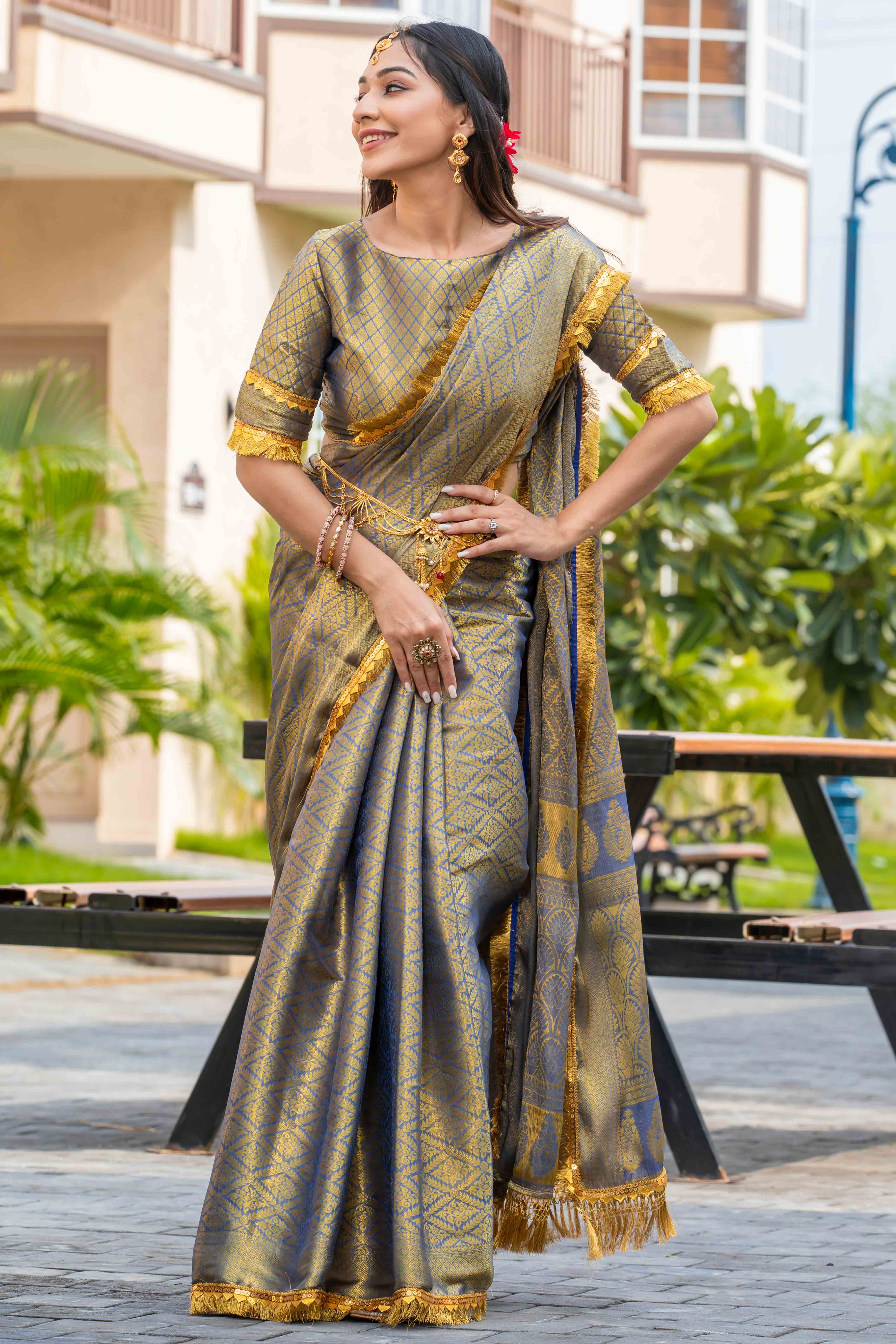 Grey Zari Weaving Mysore Brocade Silk Saree With Zari Border
