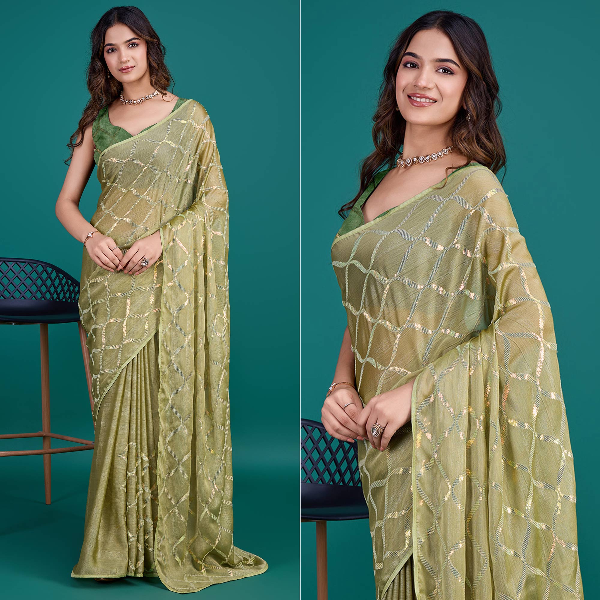 Green Sequins Embroidered Georgette Saree