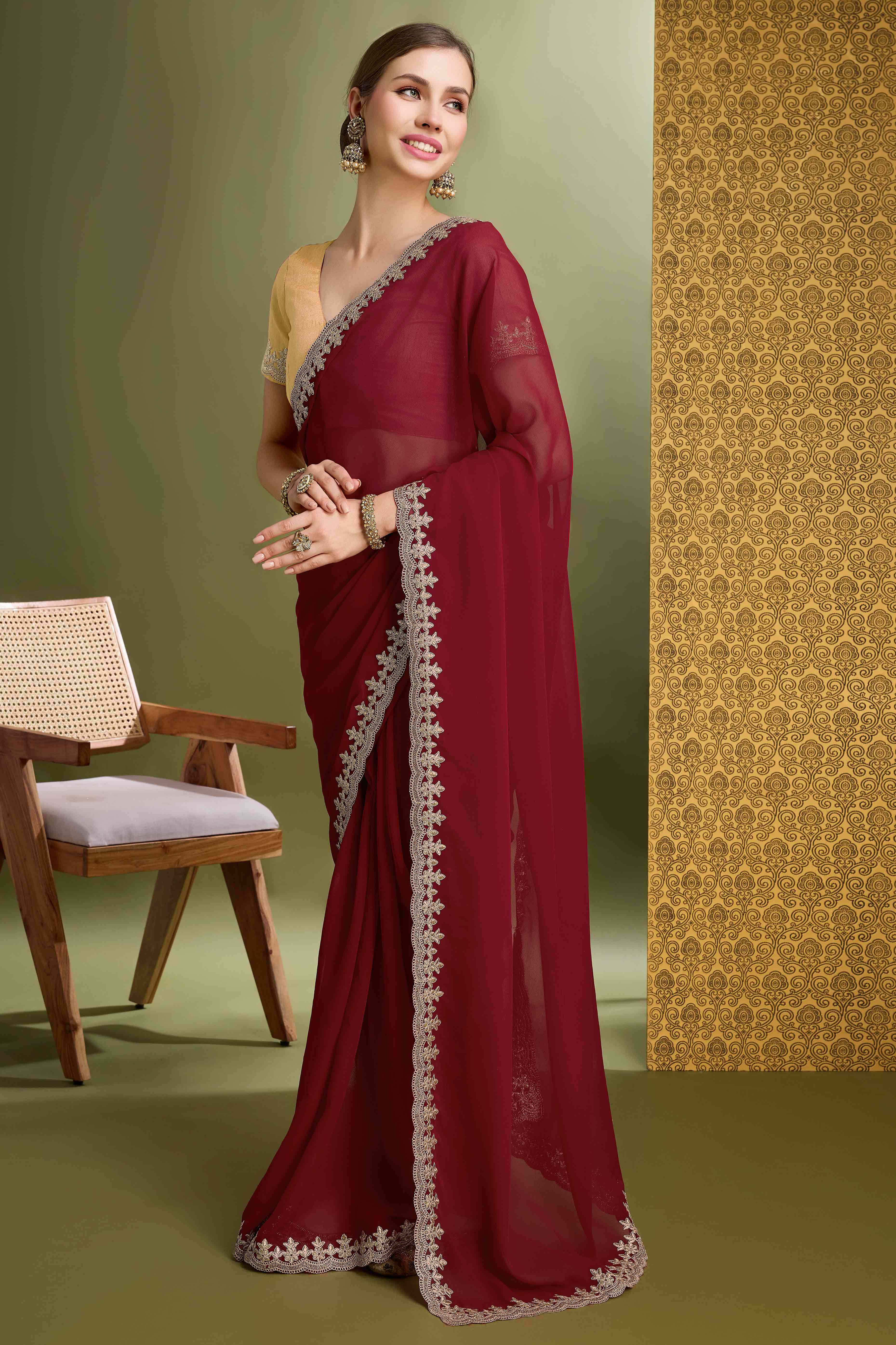 Maroon Solid With Zari Embroidered Georgette Saree