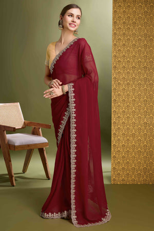 Maroon Solid With Zari Embroidered Georgette Saree