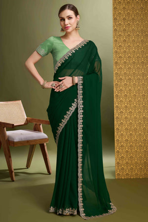 Green Solid With Zari Embroidered Georgette Saree