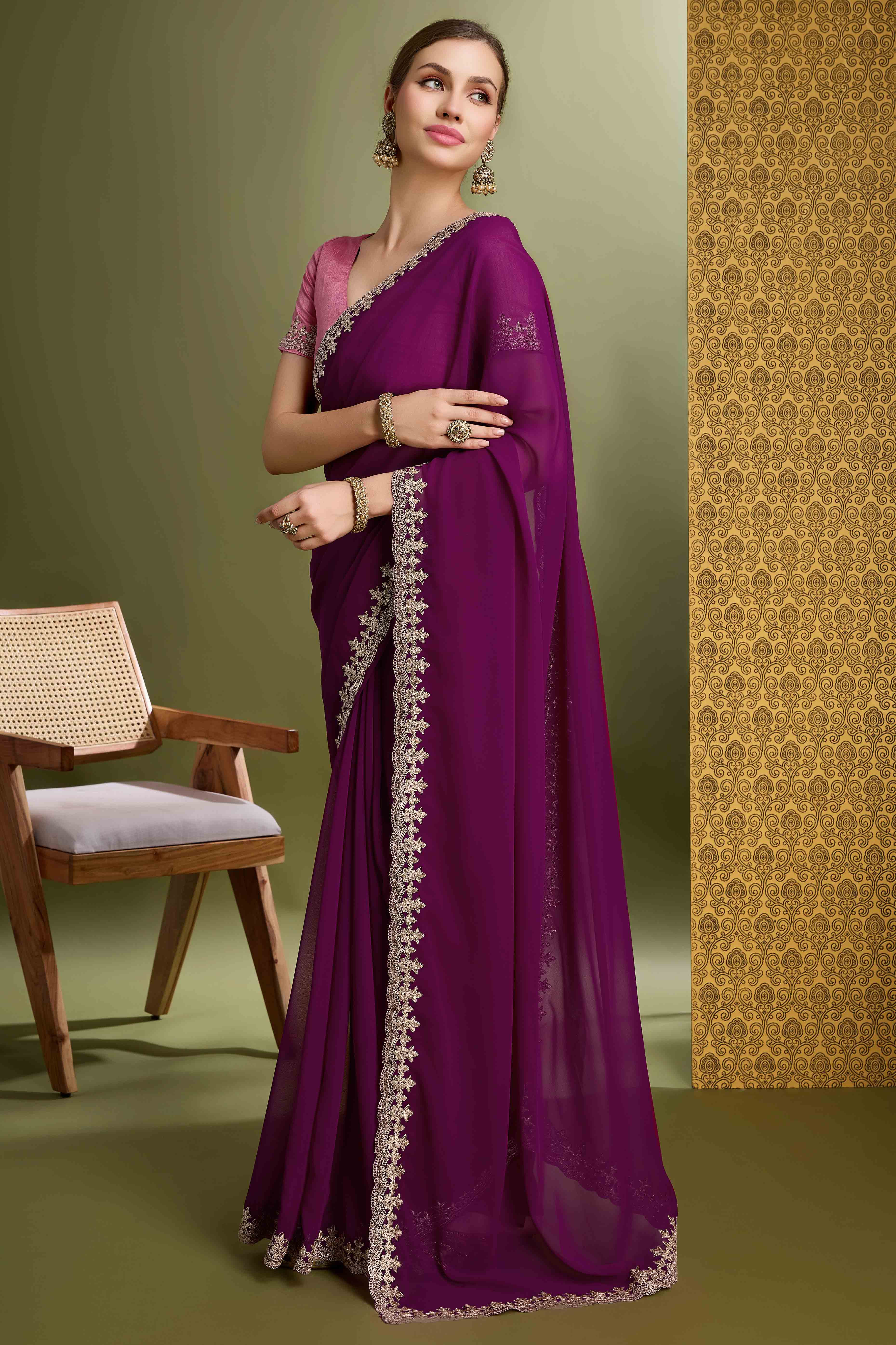 Purple Solid With Zari Embroidered Georgette Saree