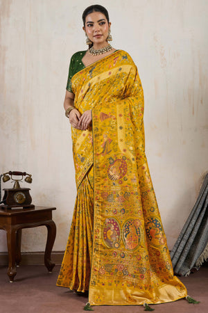 Mustard Traditional Pure Silk Saree Highlighted with Luxurious Meenakari Zari Weaving Accents