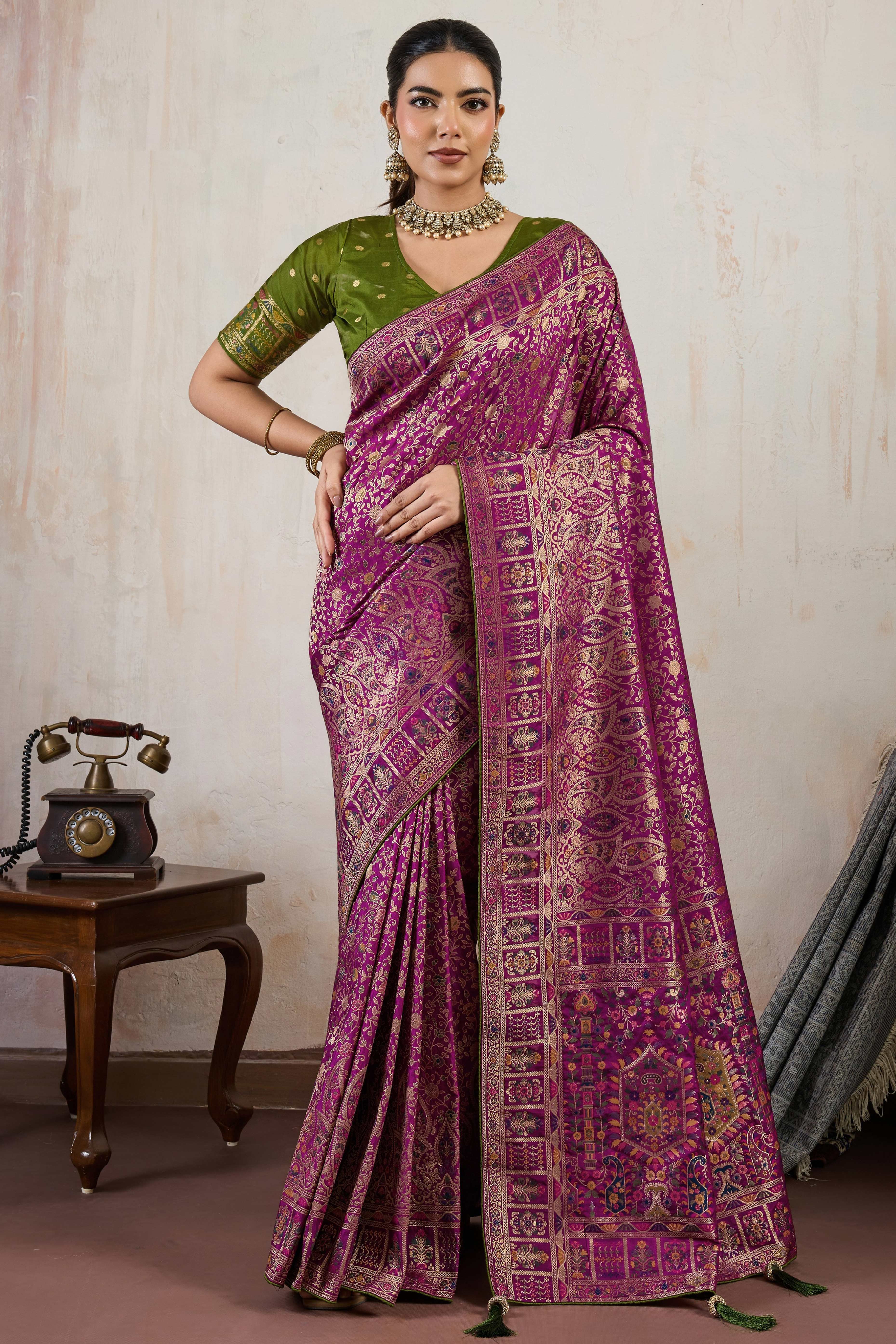 Purple Traditional Pure Silk Saree Highlighted with Luxurious Meenakari Zari Weaving Accents
