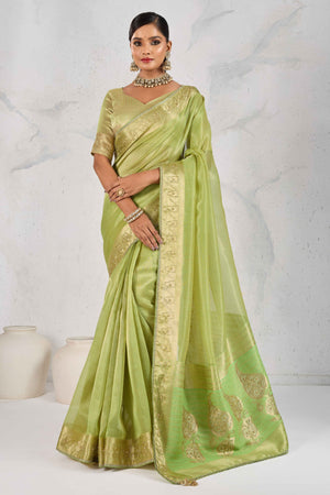 Green Tissue Linen Saree Adorned With Intricate Zardosi & Pearl Cutdana Hand Embroidery