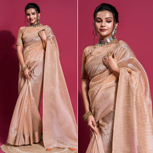 Beige Woven Organza Zari Saree With Tassels