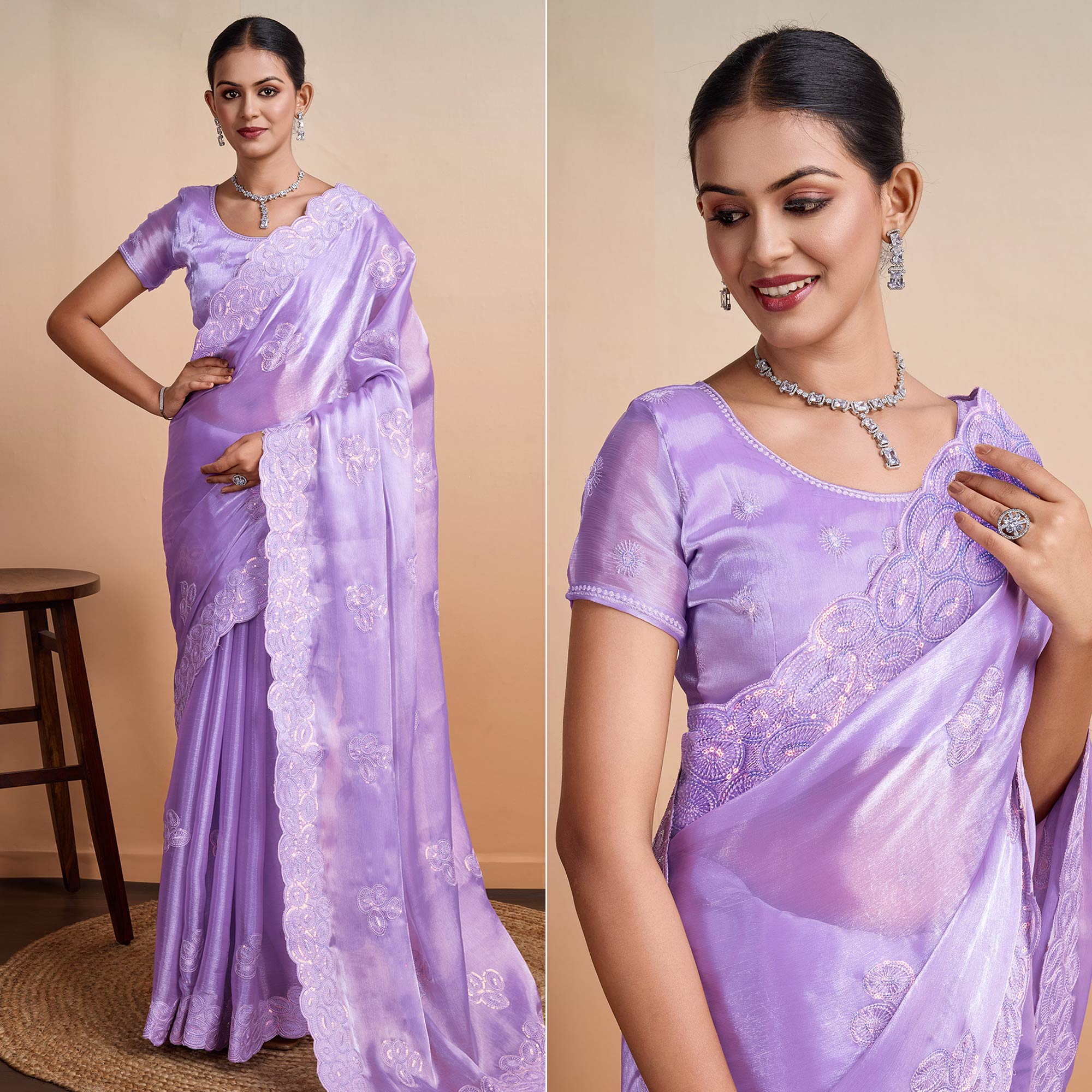 Lavender Sequins Embroidered Organza Saree